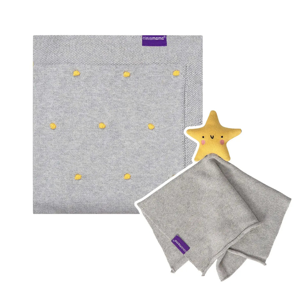 Knitted Pom Pom Baby Blanket + Shooting Star Organic Cotton Baby Comforter ClevaMama